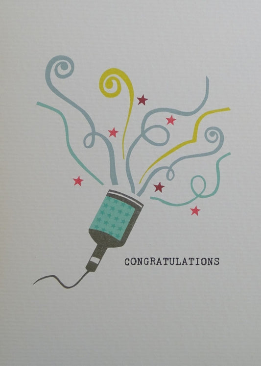 Congratulations Party Popper Card.  Printed onto A6, high quality, recycled card.