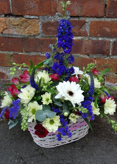 Woodpecker Flower Basket Arrangement ideal for birthdays or anniversaries. An oval basket, filled with blue, lemon and dark red flowers including Gerberas, Statice, Alstroemeria, spray Carnations and Chrysanthemums and seasonal flowers and foliage.