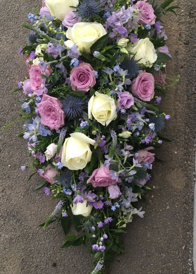 Cream, Lilac & Blue Single Ended Funeral Casket Spray - Make Their Day Florist