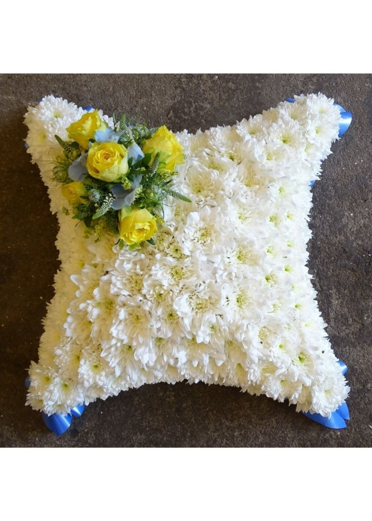 Lemon & Blue Funeral Based Cushion - Make Their Day Florist