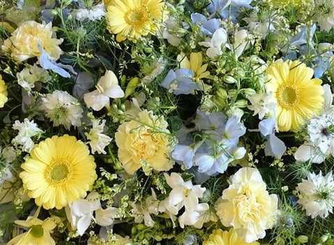 Lemon, White & Pale Blue Funeral Casket Spray - Make Their Day Florist