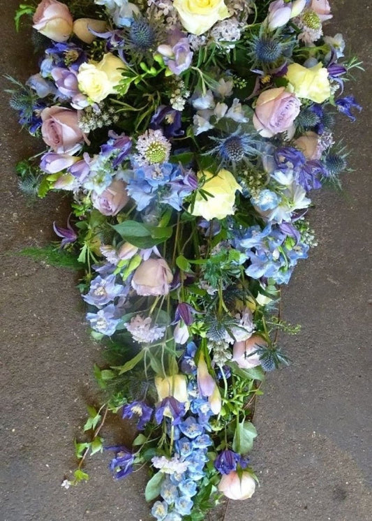 Lilac, Blue & Lemon Funeral Single Ended Casket Spray - Make Their Day Florist