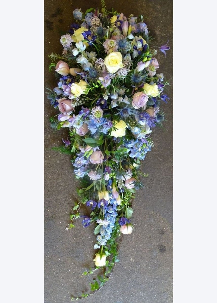 Lilac, Blue & Lemon Funeral Single Ended Casket Spray - Make Their Day Florist