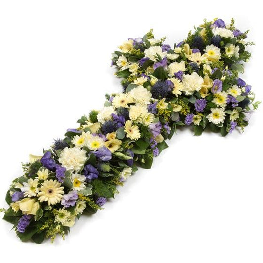 Loose Lemon & Lilac Funeral Cross - Make Their Day Florist
