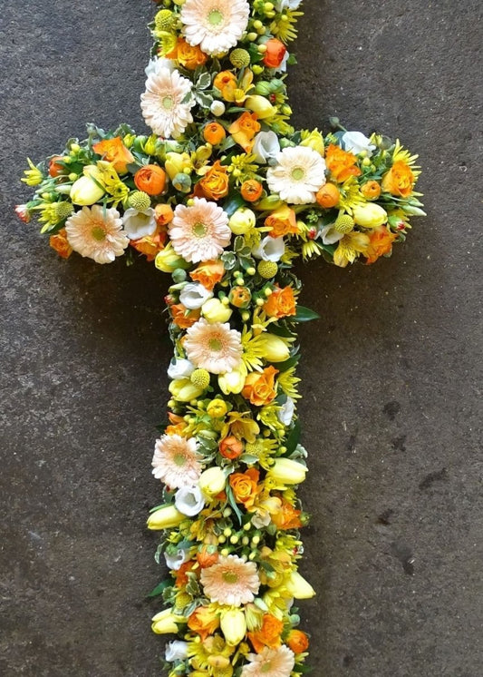 Loose Lemon & Peach Funeral Cross - Make Their Day Florist