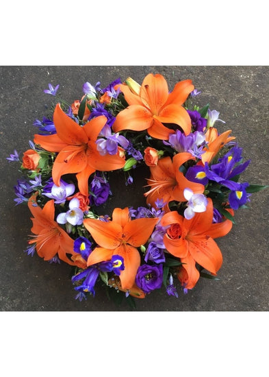 Orange & Purple Funeral Wreath - Make Their Day Florist