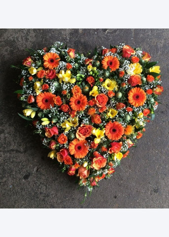 Orange, Yellow & White Loose Heart Funeral Tribute - Make Their Day Florist