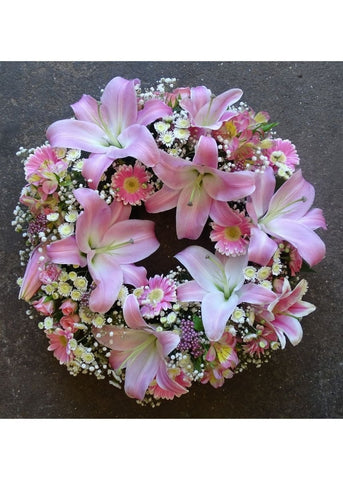 Pink and White Lily Funeral Wreath - Make Their Day Florist
