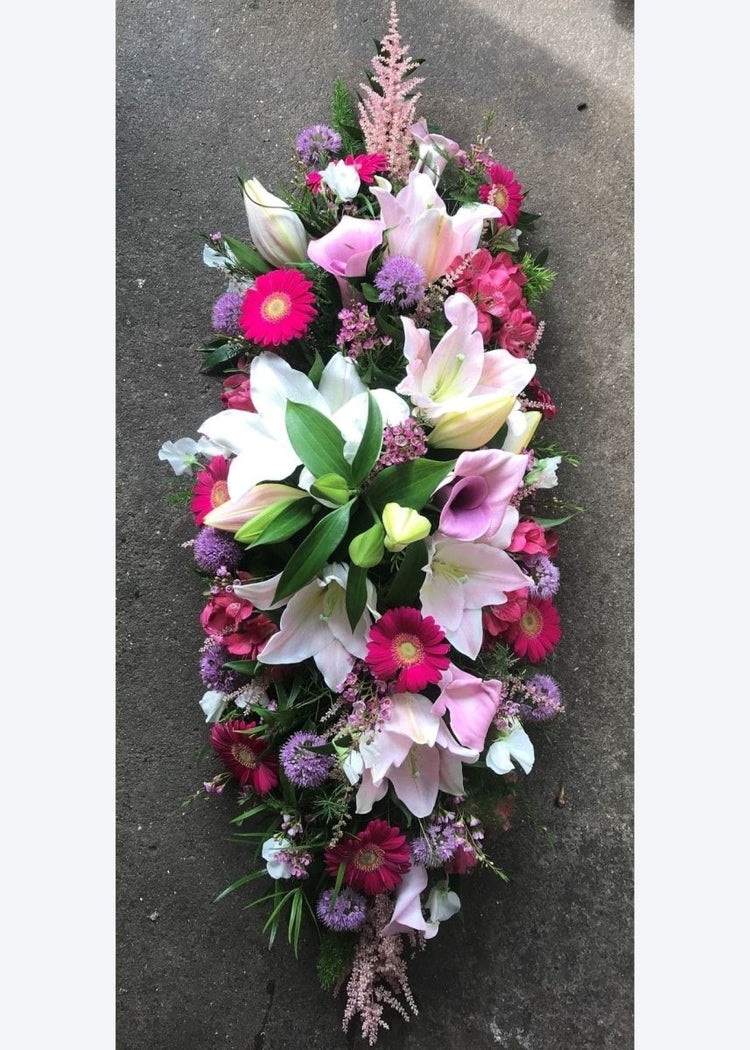 Pink Seasonal Flower Funeral Casket Spray - Make Their Day Florist