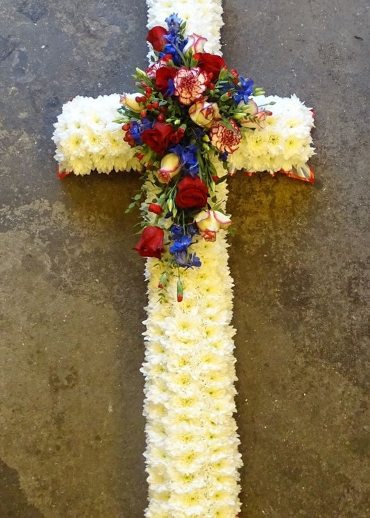 Red & Blue Funeral Based Cross - Make Their Day Florist