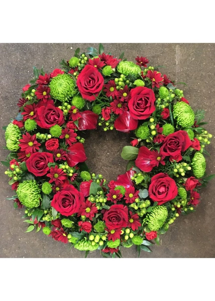 Red & Green Funeral Wreath - Make Their Day Florist