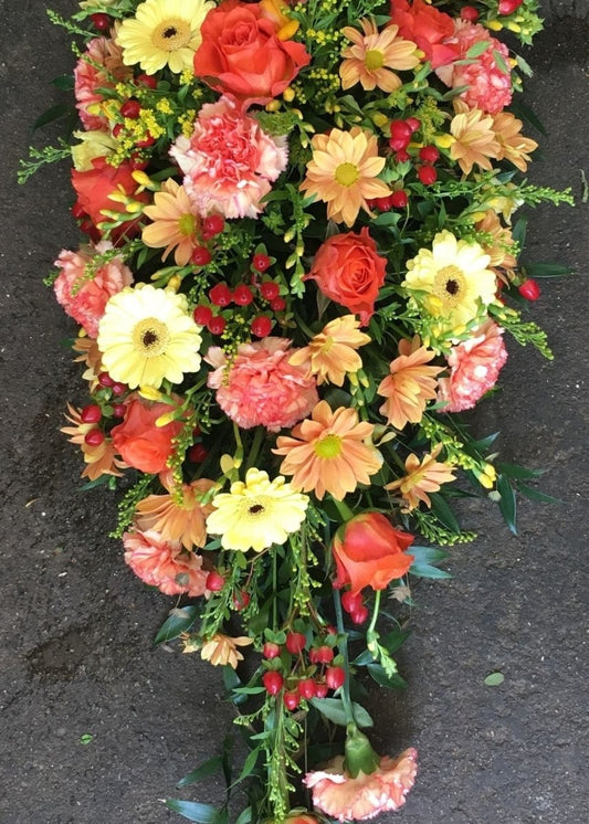 Red, Orange & Yellow Single Ended Funeral Casket Spray - Make Their Day Florist