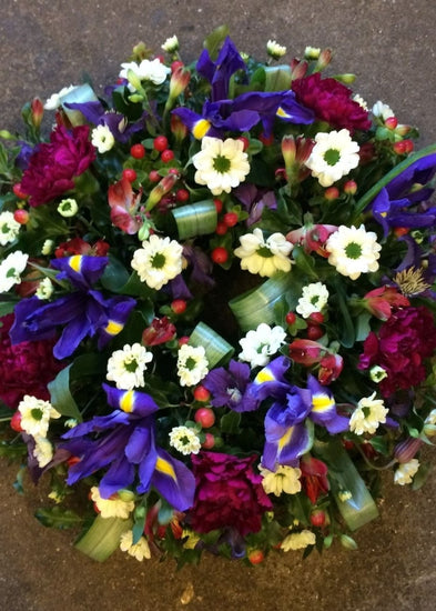 Red, Purple and Cream Loose Funeral Wreath - Make Their Day Florist