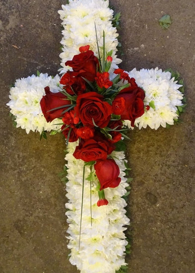 Red Rose Funeral Based Cross - Make Their Day Florist