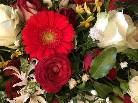 Red, White & Yellow Funeral Casket Spray - Make Their Day Florist
