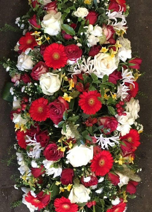Red, White & Yellow Funeral Casket Spray - Make Their Day Florist