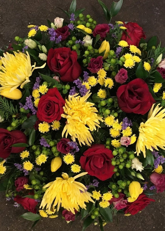 Red & Yellow Funeral Posy Pad - Make Their Day Florist