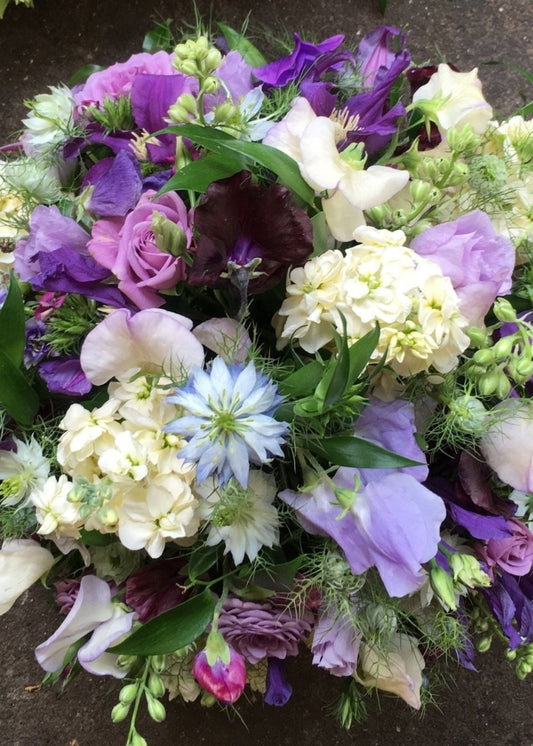 Summery Blue, Purple and Cream Funeral Posy - Make Their Day Florist