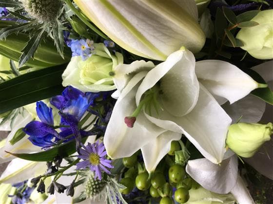 White & Blue Funeral Spray - Make Their Day Florist