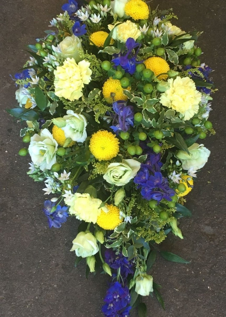 Yellow, Blue & Cream Funeral Spray - Make Their Day Florist